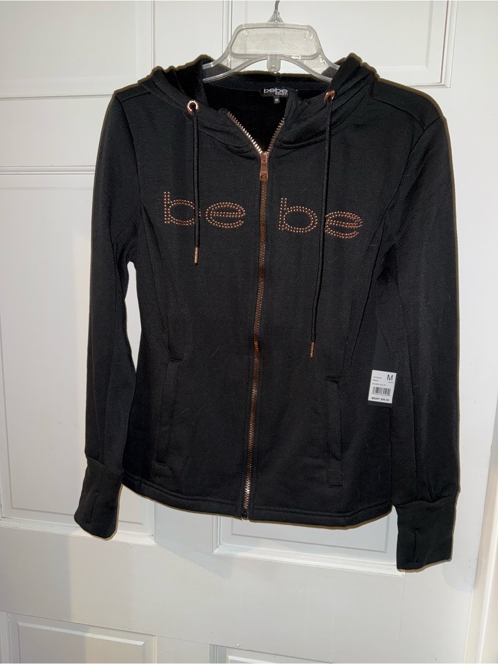bebe Black Hoodie with Rose Gold Stud Logo and Zip